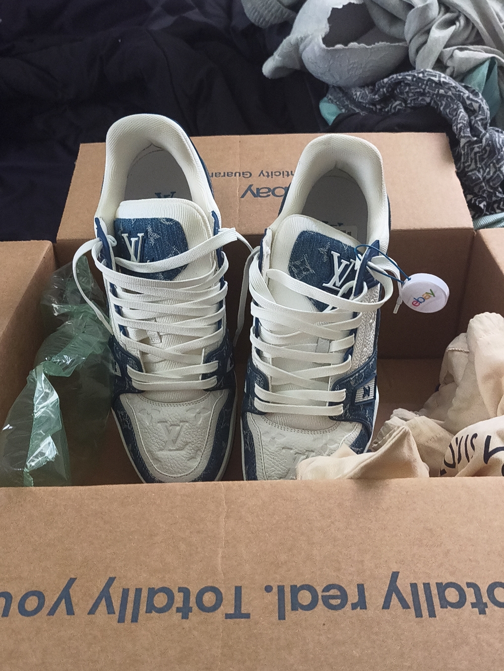 Louis Vuitton Men’s Cream & Blue Denim Low-Top Sneakers - Monogram Panels